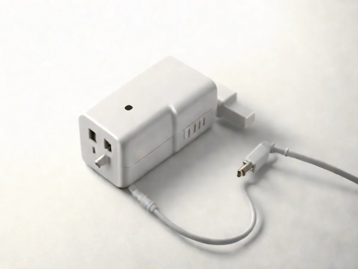 Close-up detail of a small, lightweight yet durable Japanese electrical adapter featuring two flat pins, showcasing smooth material and precise finish.