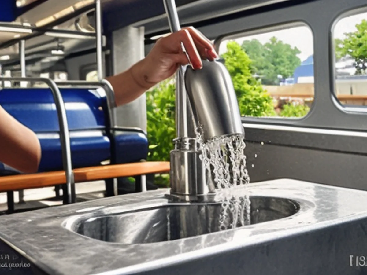 A traveler refilling a reusable stainless steel water bottle at a public drinking fountain in a Japanese train station, harmonizing with the comfortable indoor ambiance and natural lighting.