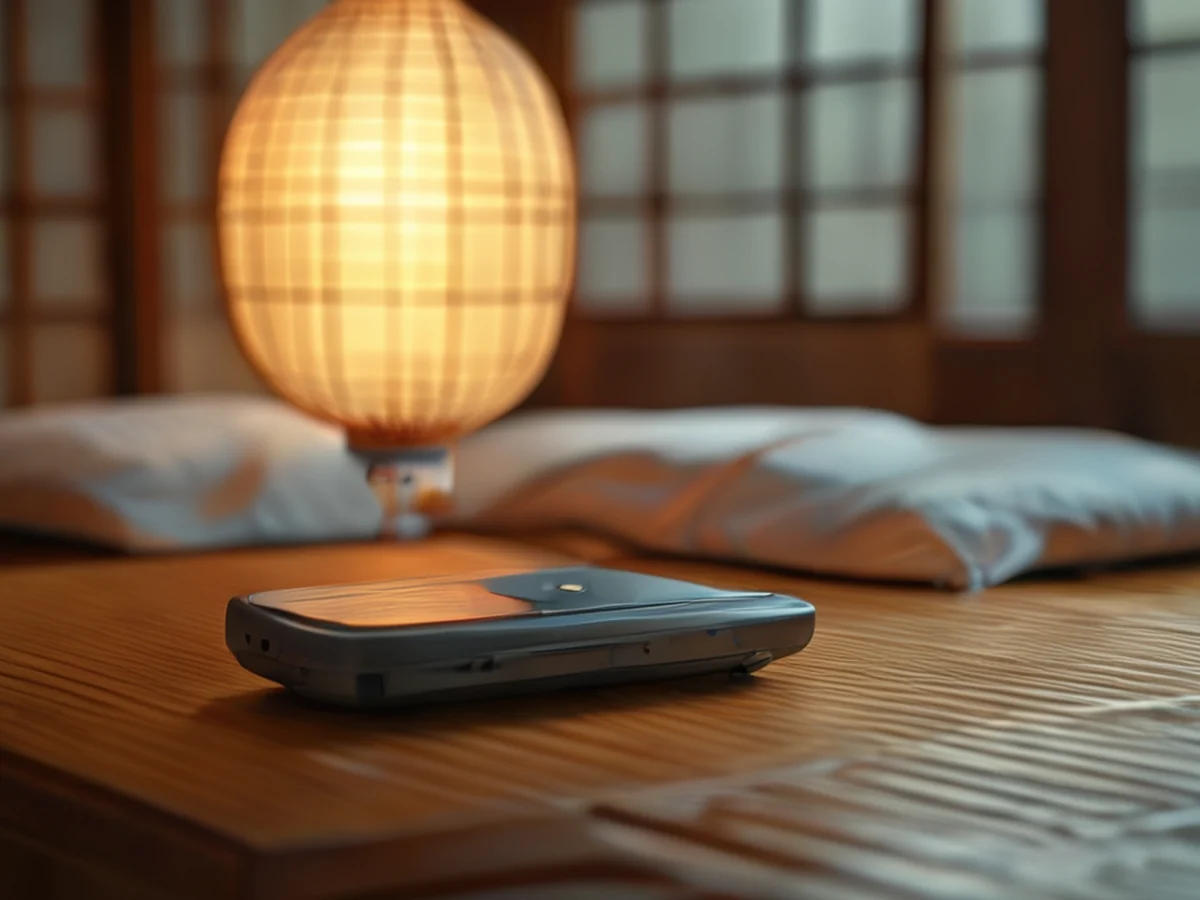 Close-up shot of a compact paid Wi-Fi device placed on a wooden table in a traditional Japanese inn, seamlessly blending with the smooth wood texture and classic interior design.