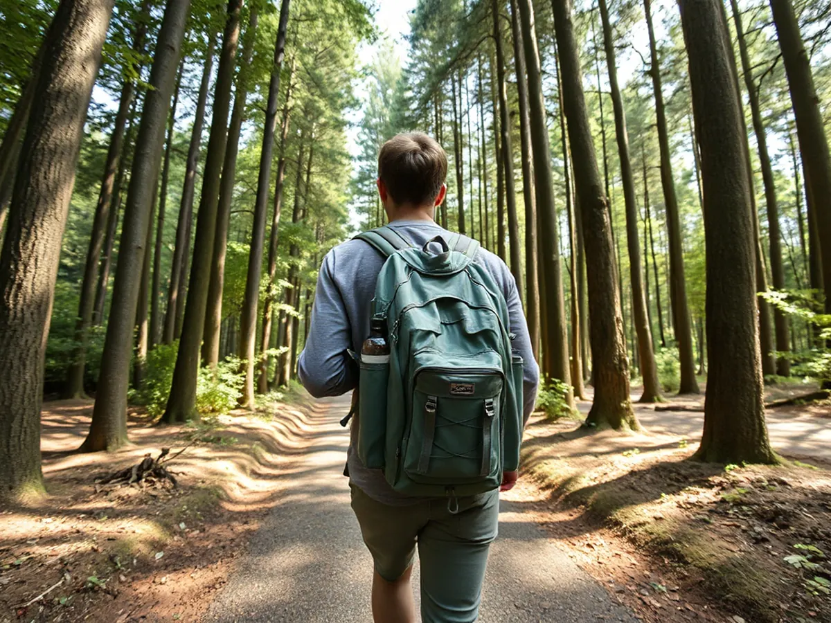 A traveler walking a quiet forest path in Kyoto, captured in a wide shot with hiking backpack and refillable water bottle attached, illustrating harmony between sustainability and the natural environment