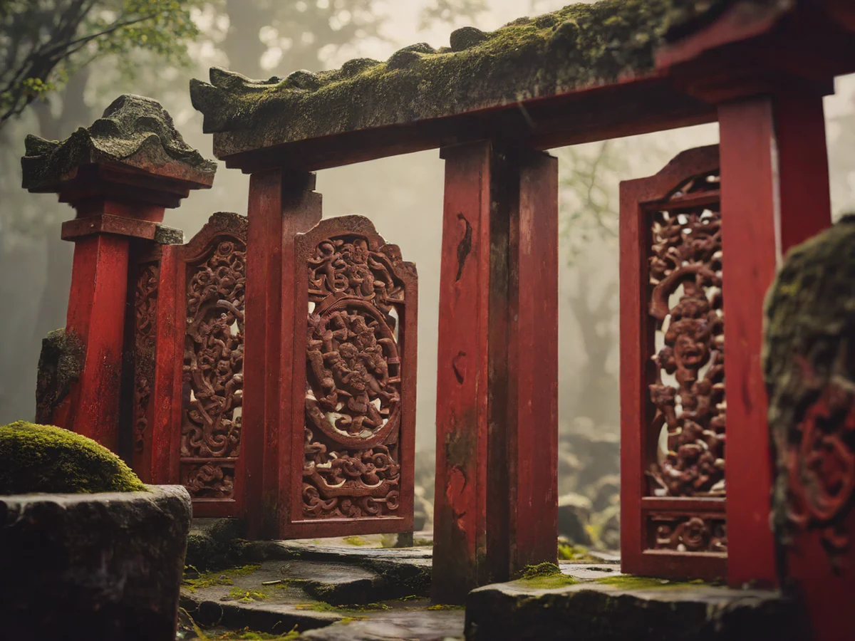 At the gate of an elegant traditional temple, details of weathered wooden structures with peeling red paint and stone pillars overgrown with vines