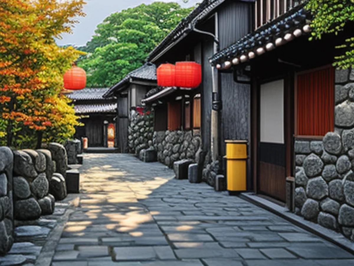 A quiet stone path in Kyoto's Gion district, with traditional wooden buildings and paper lanterns gently swaying in the atmosphere