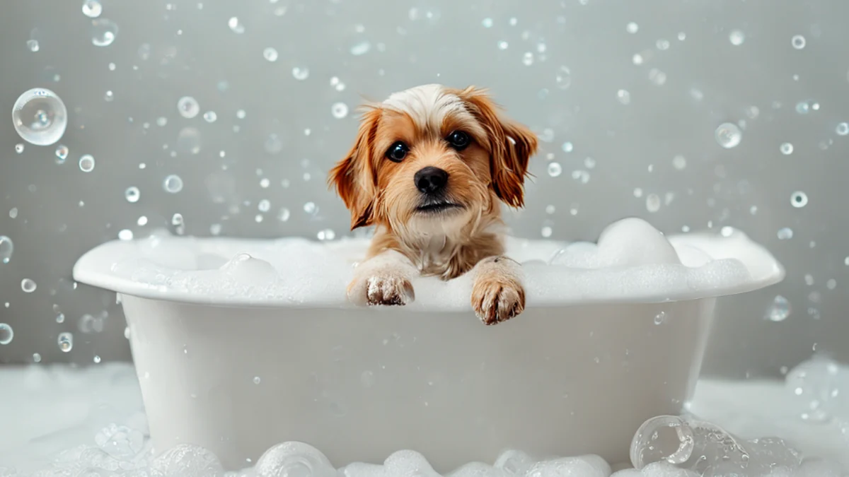 A dog is sitting in a tub with water and soap.
