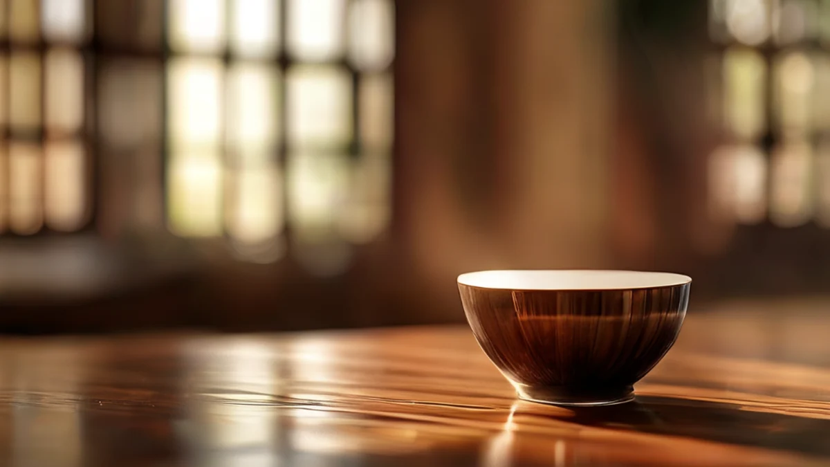 Copo de sake no centro, bambu japonês tradicional, acabamento em lacca, mesa de madeira, luz quente, campo de foco estreito, detalhes fotorealistas
