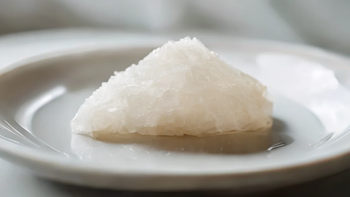 白盤上的一塊鹽晶，灰白色，稜角分明，質地晶瑩，於陰天光線中，淺景深，寫實攝影，清晰焦點，高細節