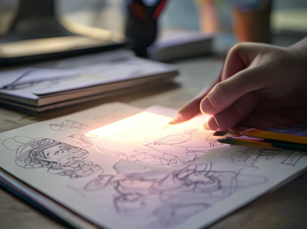 A Japanese animation production desk with tools and artwork for animation creation.