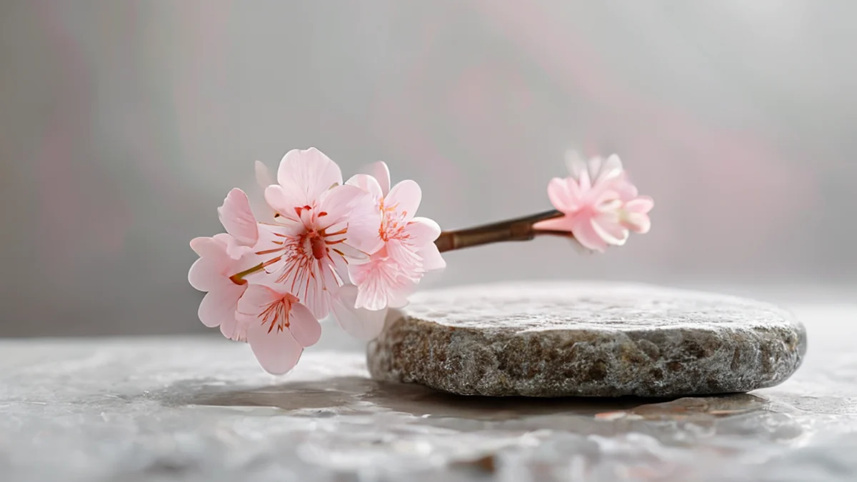 Sakura Kakegami, rosa claro, forma redonda plana con manija, sobre una piedra bajo luz studio softbox, profundidad de campo suave, realismo fotográfico, detalles altos