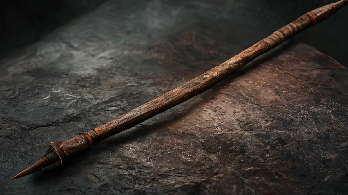 Un lungo bocco di legno di giungla con una punta di ferro rugginosa, superficie marrone scuro, texture aspra, appoggiato su una superficie di pietra, sotto luce softbox, bassa profondità di campo, fotorealistica.