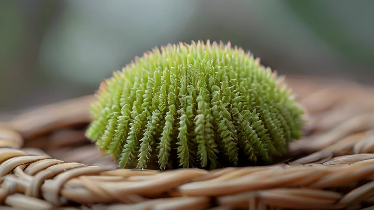 Een kleine, ronde fougère van Hokkaido, zacht groen met een velluïne oppervlak, rustend op een geweven zak, onder een bewolfde dag, zachte scherpte, fotorealistisch, scherp focus, hoge details