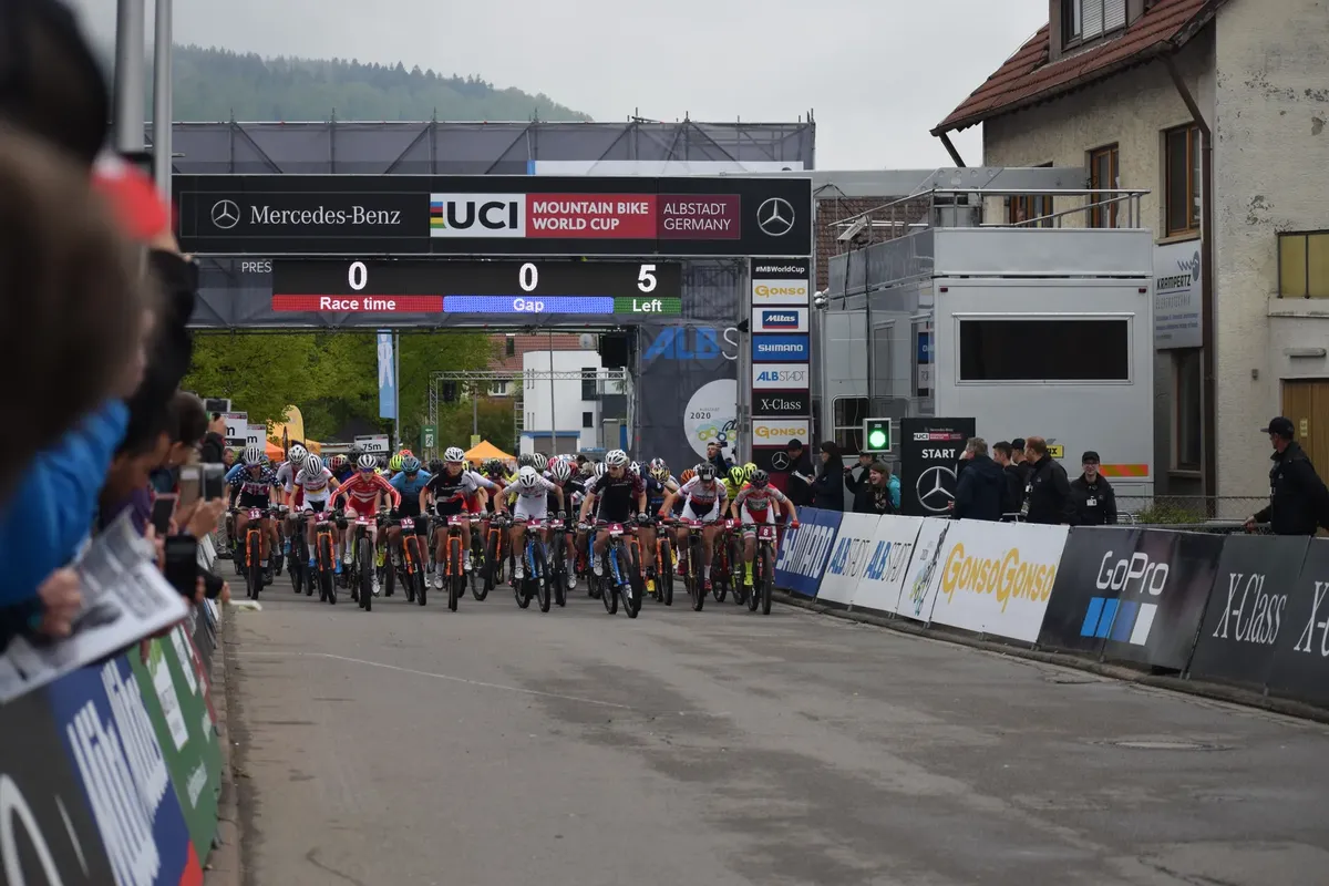 Cyclists begin the UCI Mountain Bike World Cup race in Albstadt, Germany.